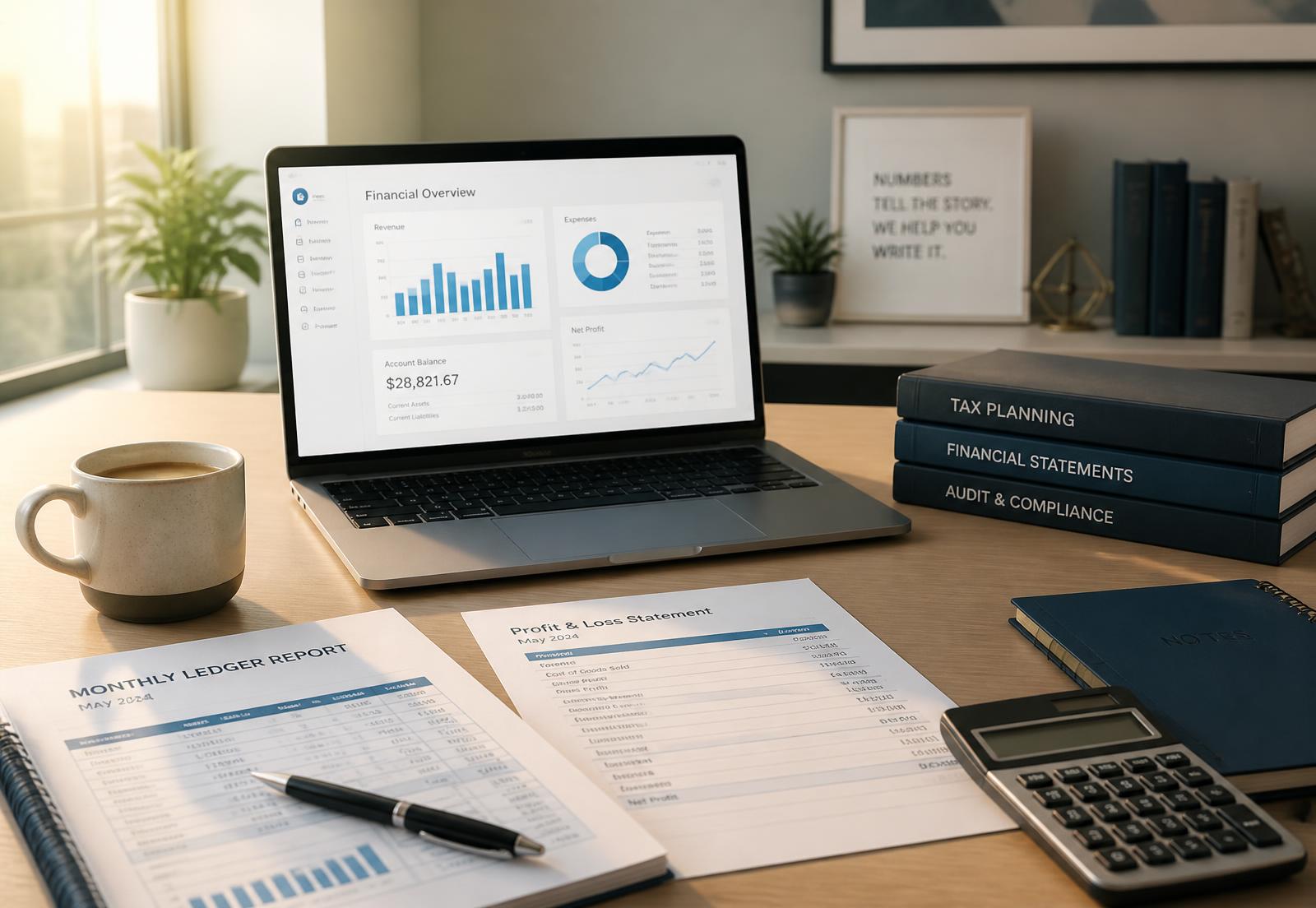 Financial reports, a laptop showing revenue charts and a calculator on a bright desk